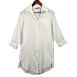 Talia Benson 100% Linen Long Sleeve Shirt Blouse Top White Size SM Long Line EUC